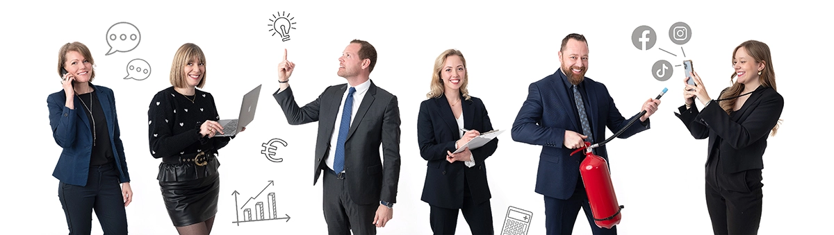 Sophie-mare-Photographe-seingbouse-portrait-corporate-professionel-profil-cv-linkedin-site-internet-33 un montage de 6 personnes formant une équipe de travail, sur fond blanc