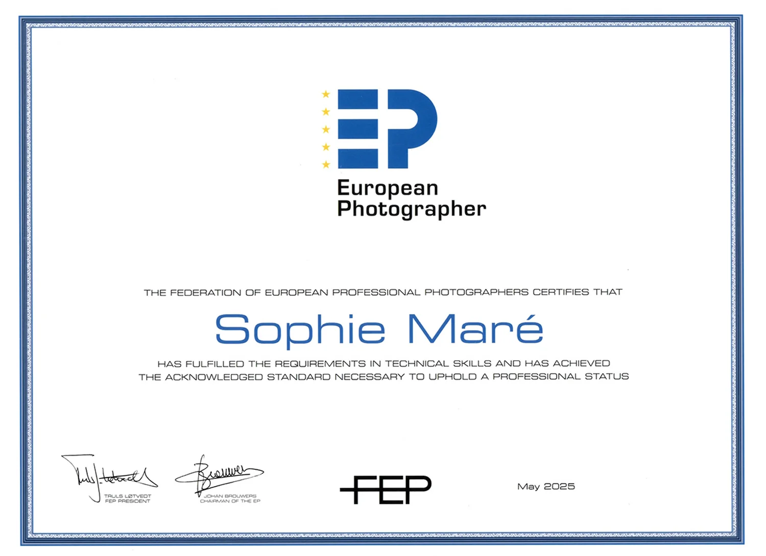 studio-sophie-mare-photographe-fep-european-photographer-seingbouse-moselle-diplome-ffpmi-2025 diplome sophie maré fep european photographer