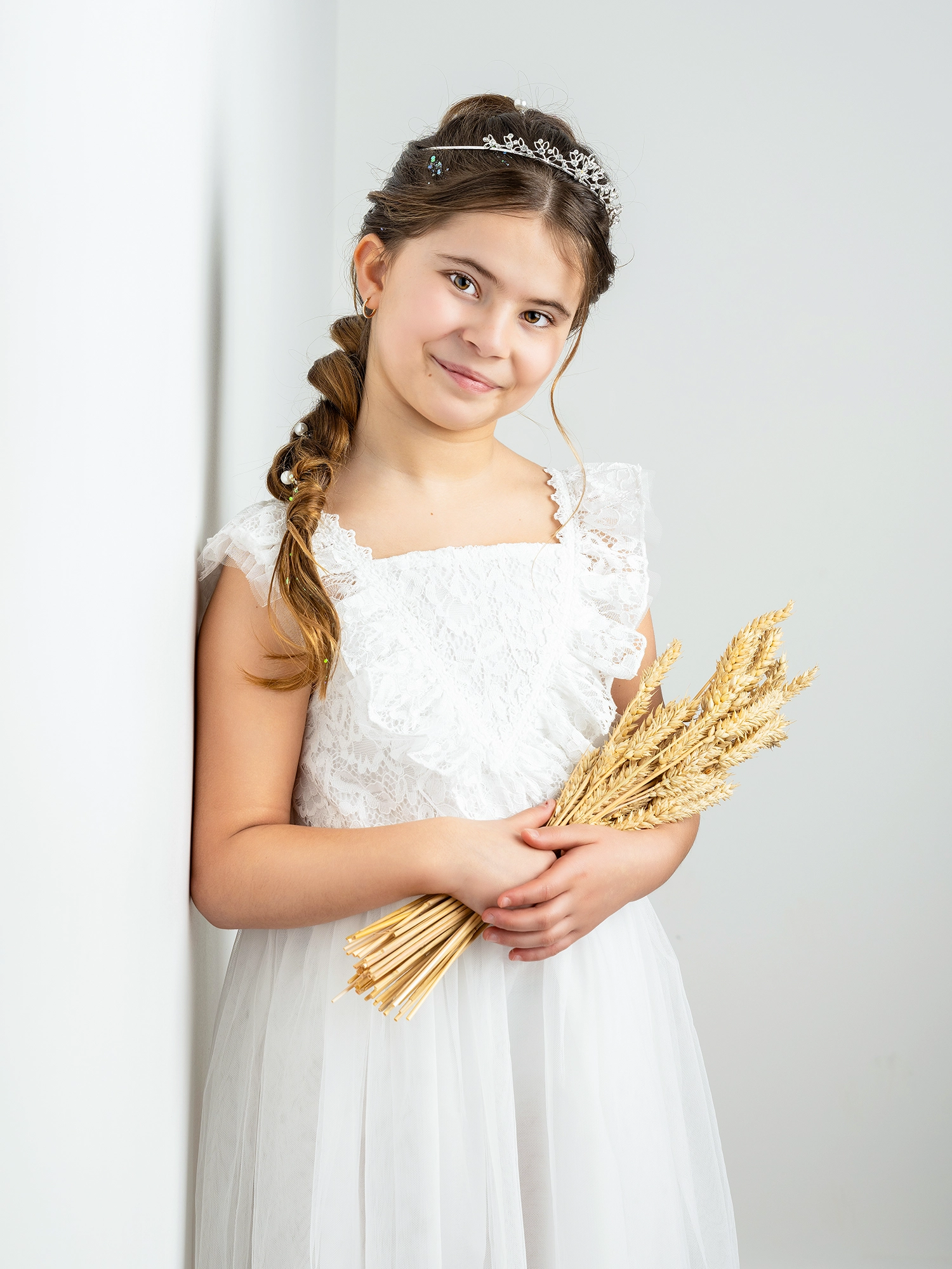 communion fille blé robe blanche communiante couronne