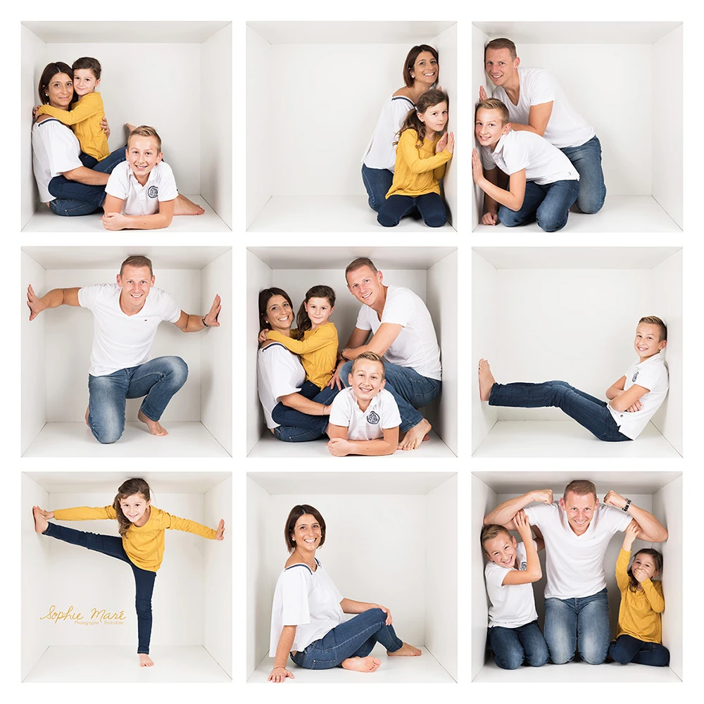 montage photo box d'une famille en tenue moutarde et blanc