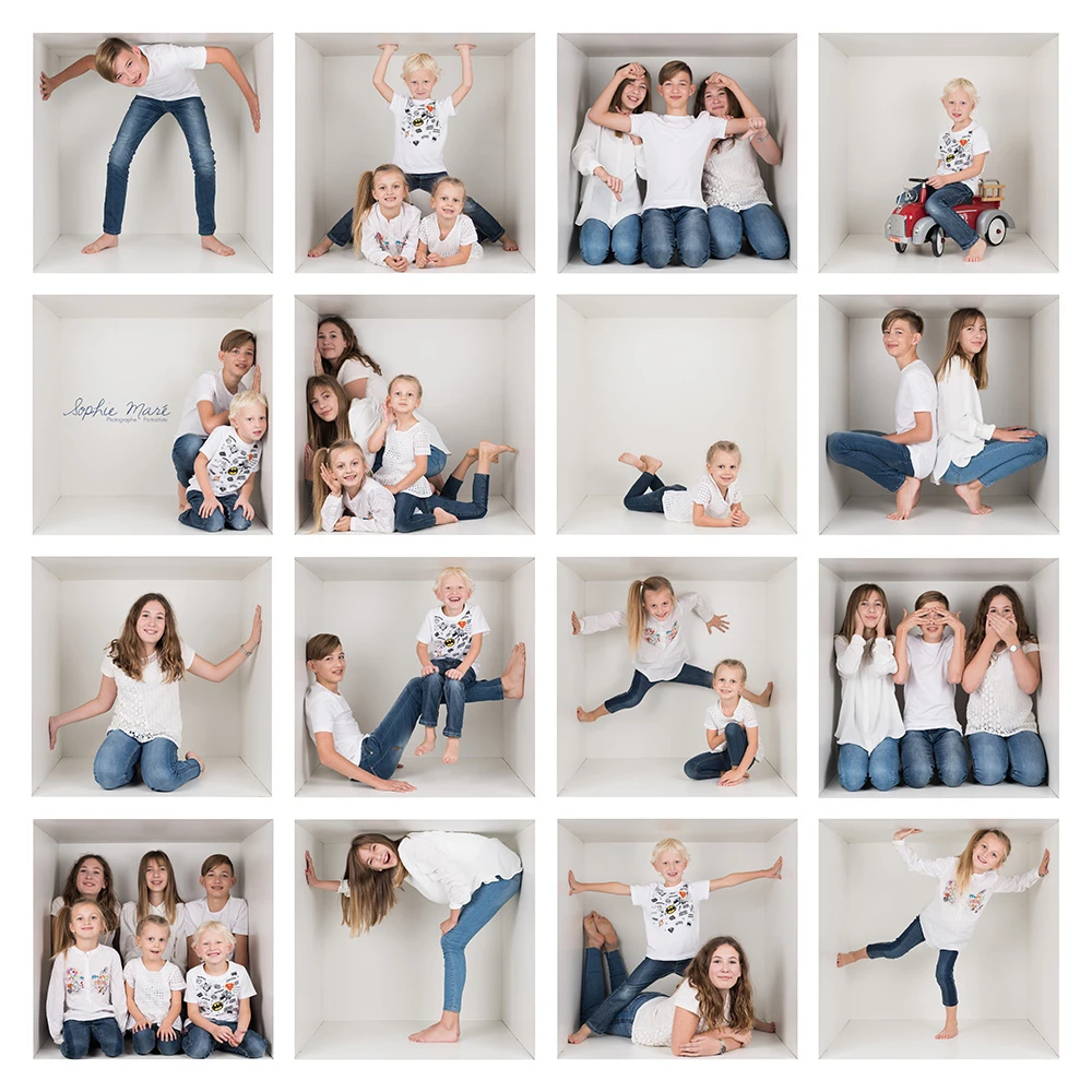 montage photo box d'une famille en tenue jean et blanc enfants